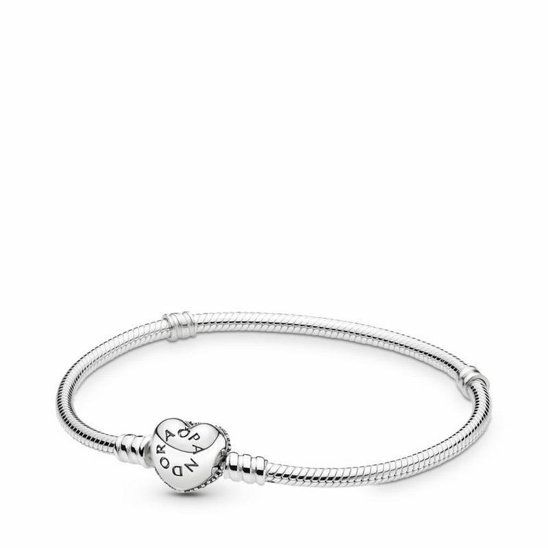 Pandora Moments Sparkling Heart & Snake Chain Bracelet Ireland - Sterling Silver/Cubic Zirconia - 32